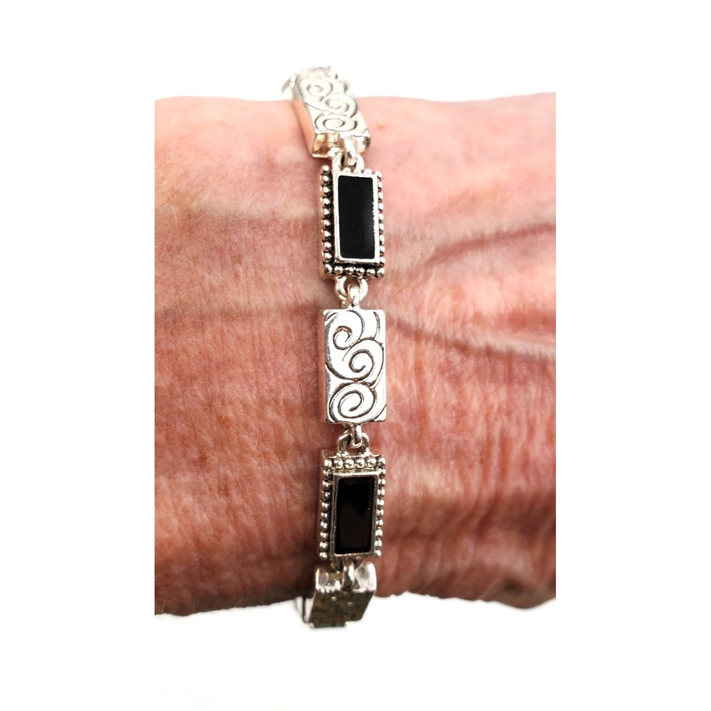 Vintage Napier Bracelet Black Enamel Panel Silver Tone 7"